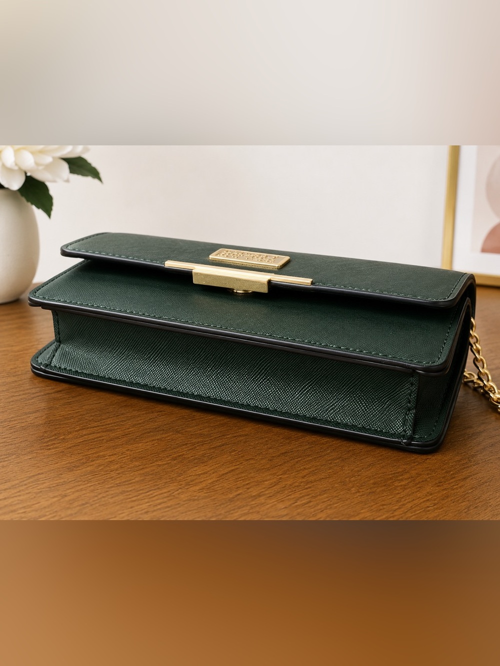 Badgley Mischka Deep Green Crossbody Wallet with Gold I Chain - Picture 4 of 8